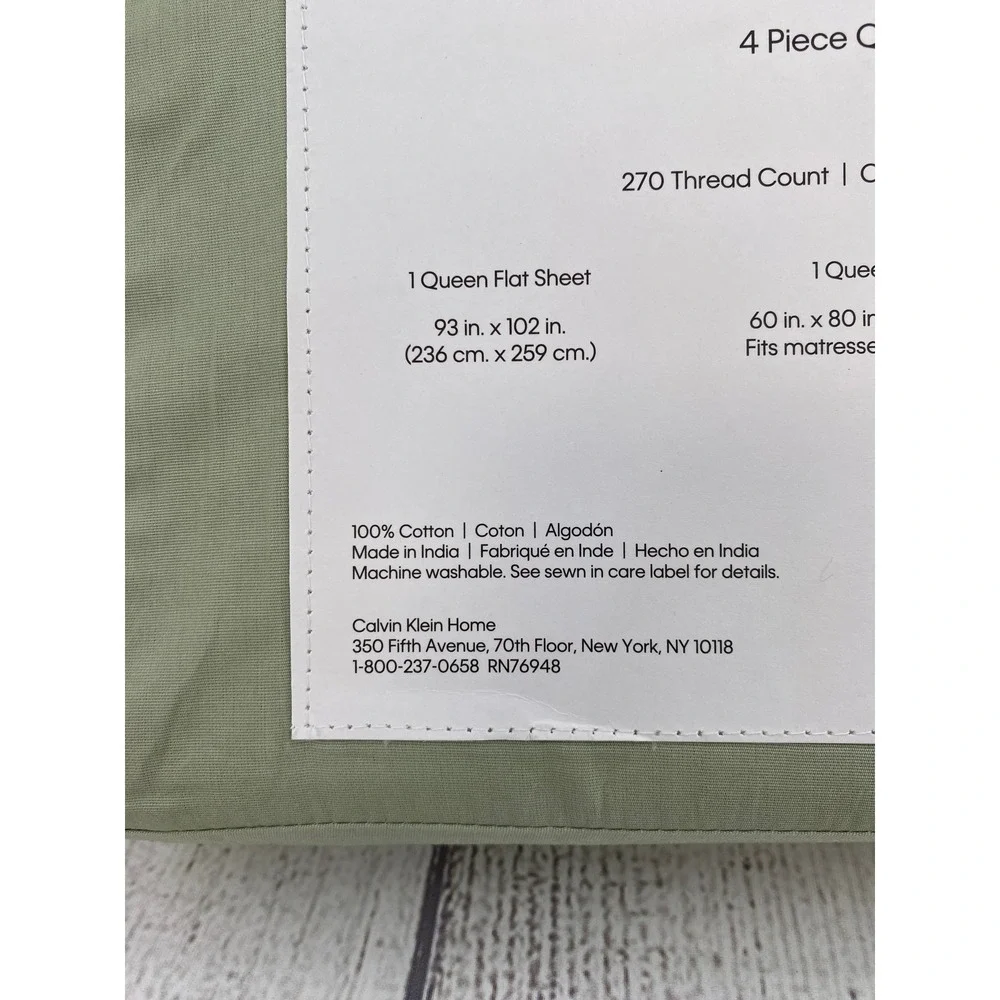 Calvin Klein Sheet Set Queen Sage Green Cotton Percale 270TC Earthy Modern